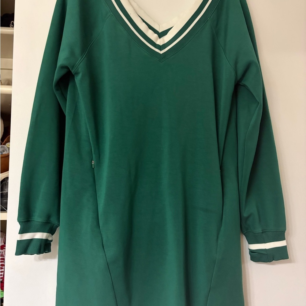 Green V-Neck Long Sleeve Dress with White Stripe Trim - Picture 5 of 6